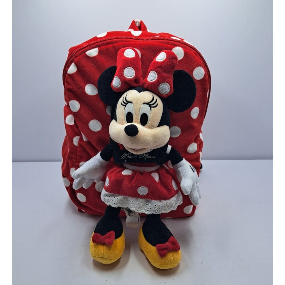 Disney Parks Kids Minnie Mouse Plush Backpack Red White Polka Dot Novelty Bag